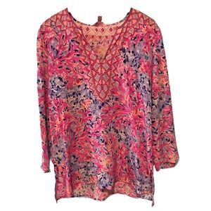 Lilly Pulitzer Women's M Pink Silk 3/4 Sleeve Renato Coco Coral Crab Tunic Top